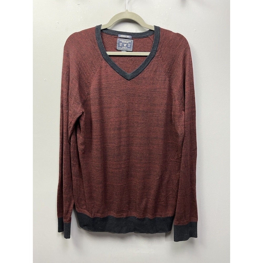 American Eagle Sweater Mens Large Burgundy Seriously Soft V-Neck Marled Classic